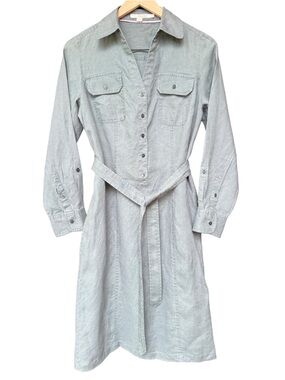 Boden Linen Roll Tab Sleeve Shirt Dress with Waist Tie | Gray-Green | Size 6